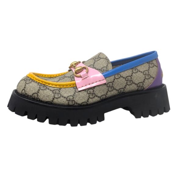 NEW Gucci GG supreme monogram cordovan lux lug sole horsebit loafer rainbow 36
